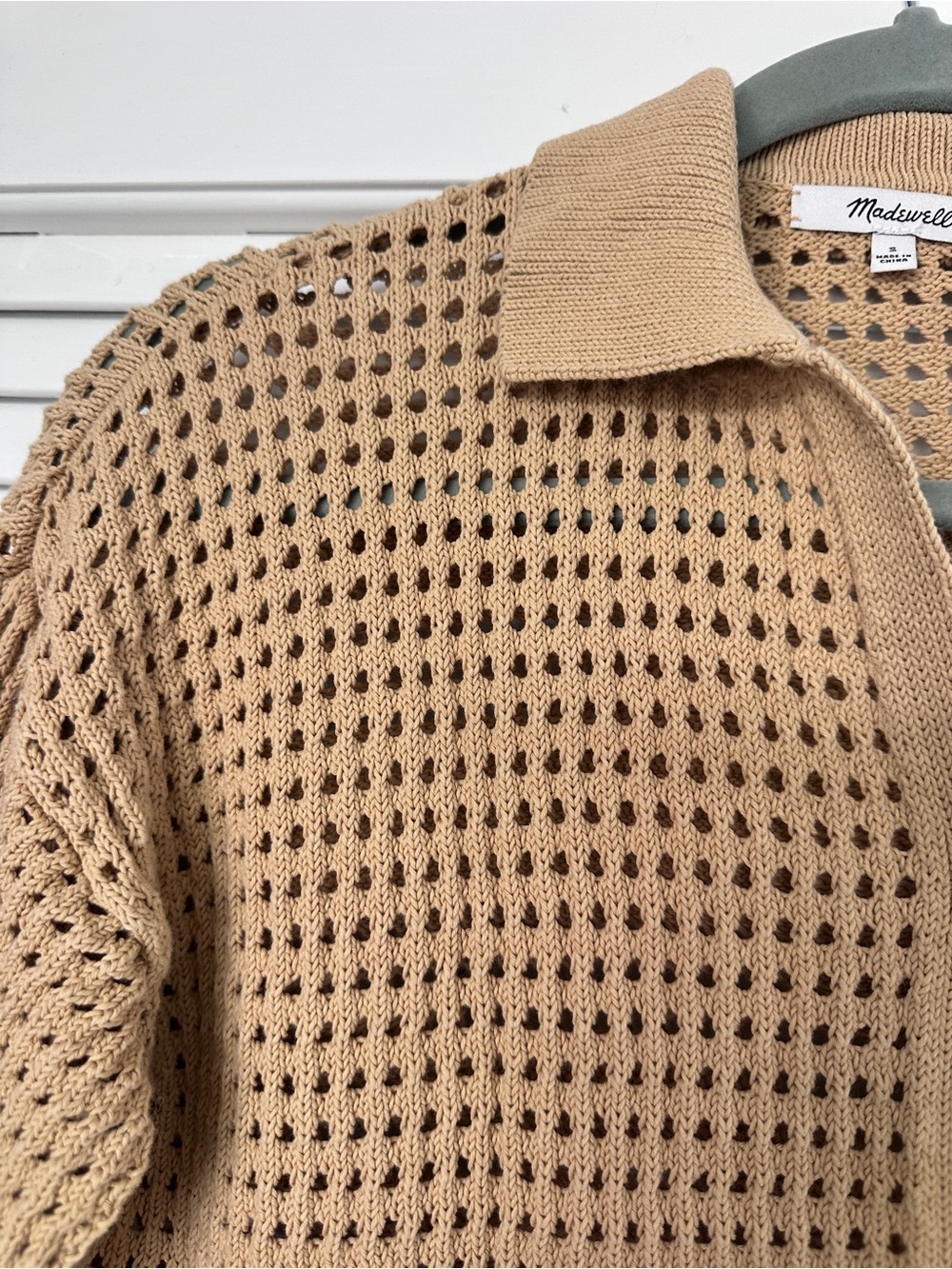 Madewell 100% Cotton Tan Crochet Stitch Open Knit Polo Cardigan Sweater Size S - Picture 4 of 16